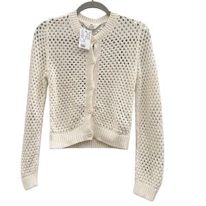 H&M Youth Pointelle Button Up Knit Cotton Bend Cardigan in Cream Size 12/14